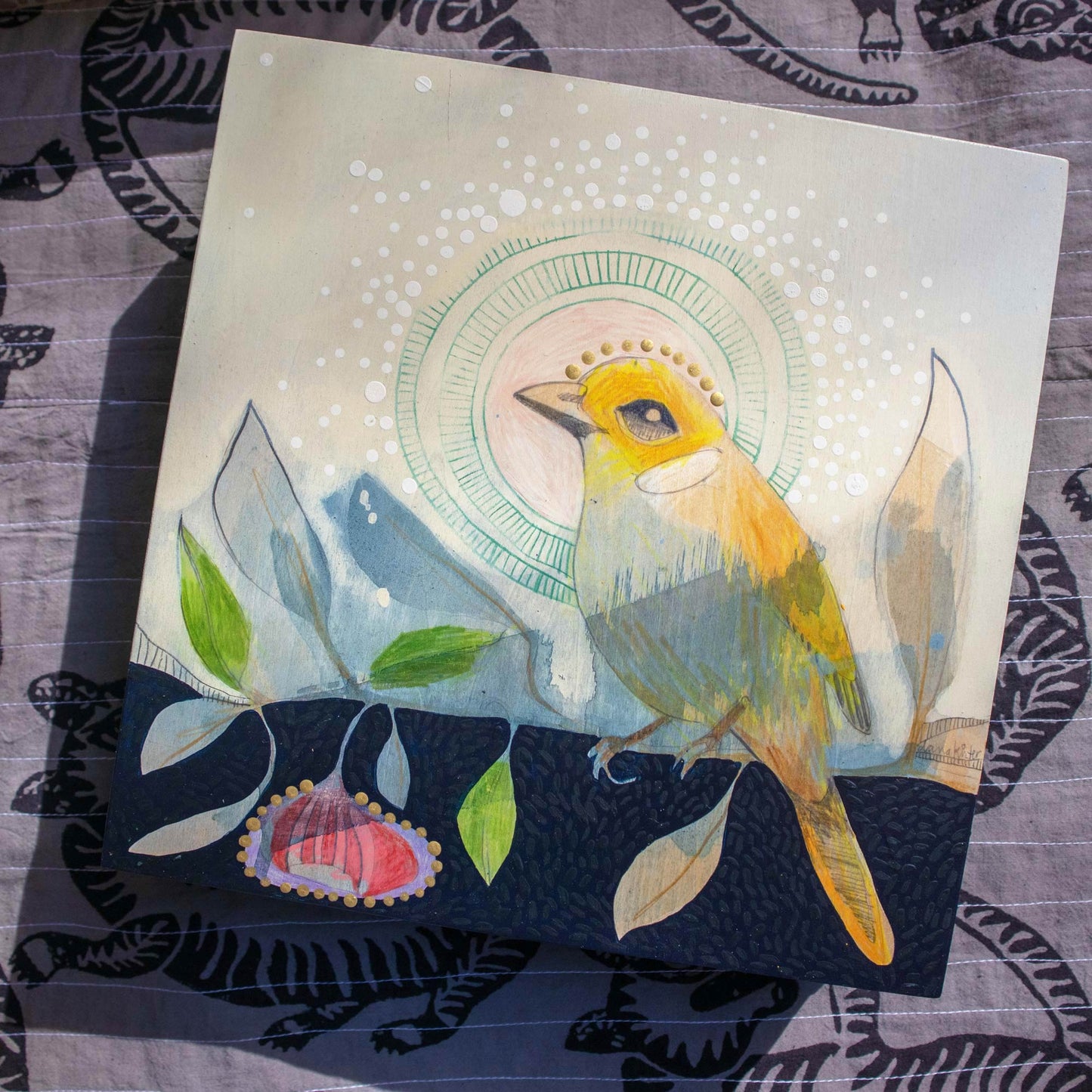White Plumed Honeyeater and Silver Princess Eucalyptus - Painting