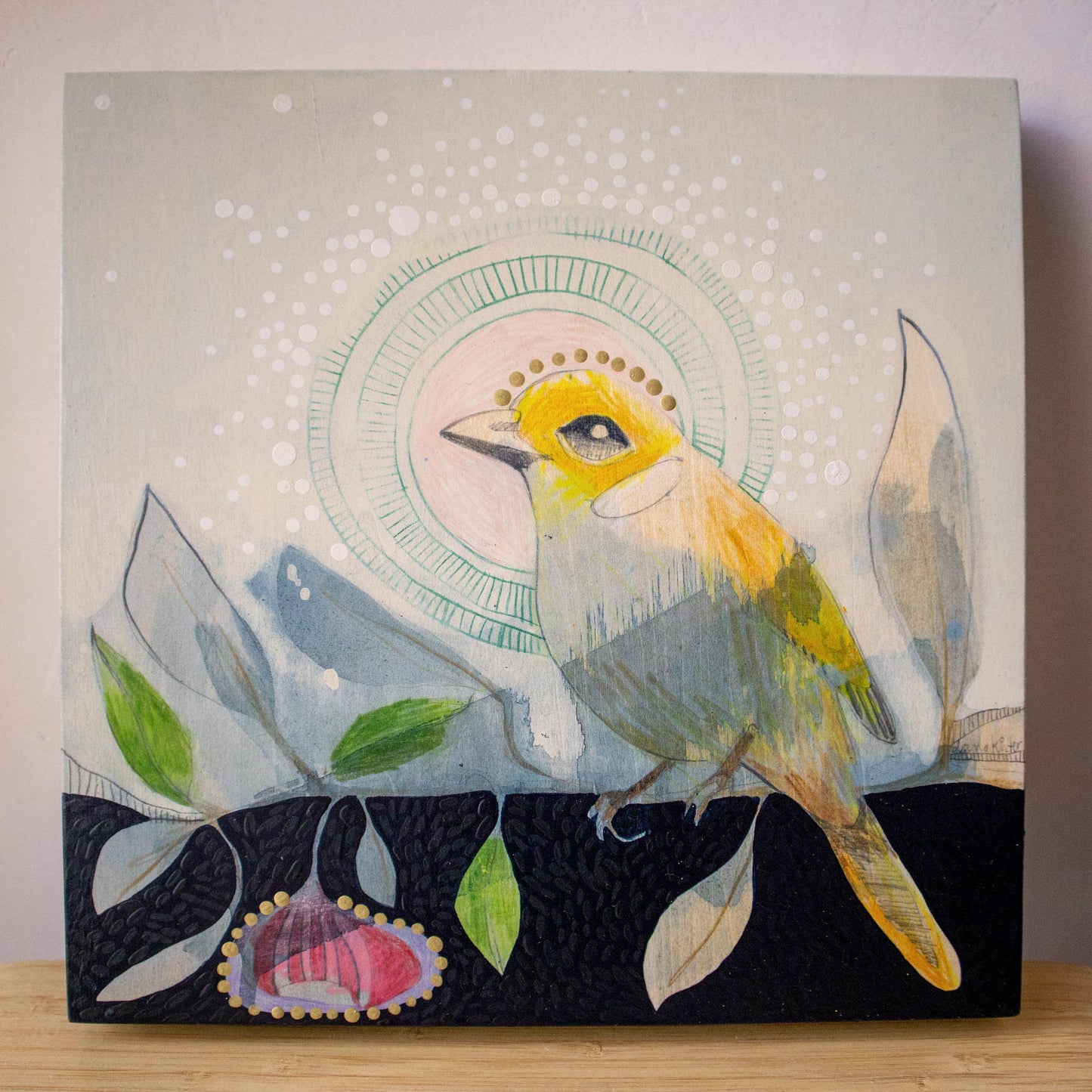 White Plumed Honeyeater and Silver Princess Eucalyptus - Painting