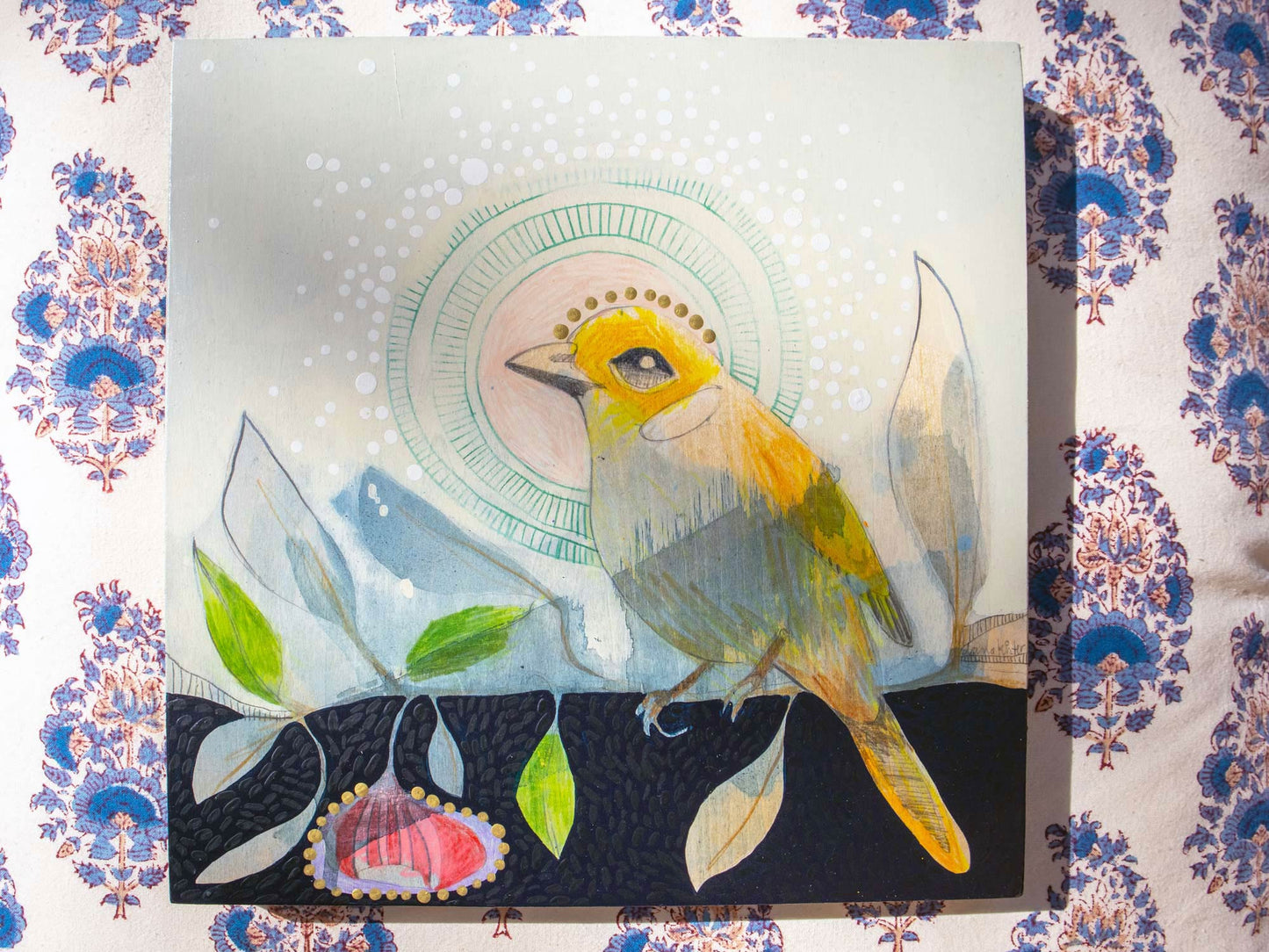 White Plumed Honeyeater and Silver Princess Eucalyptus - Painting