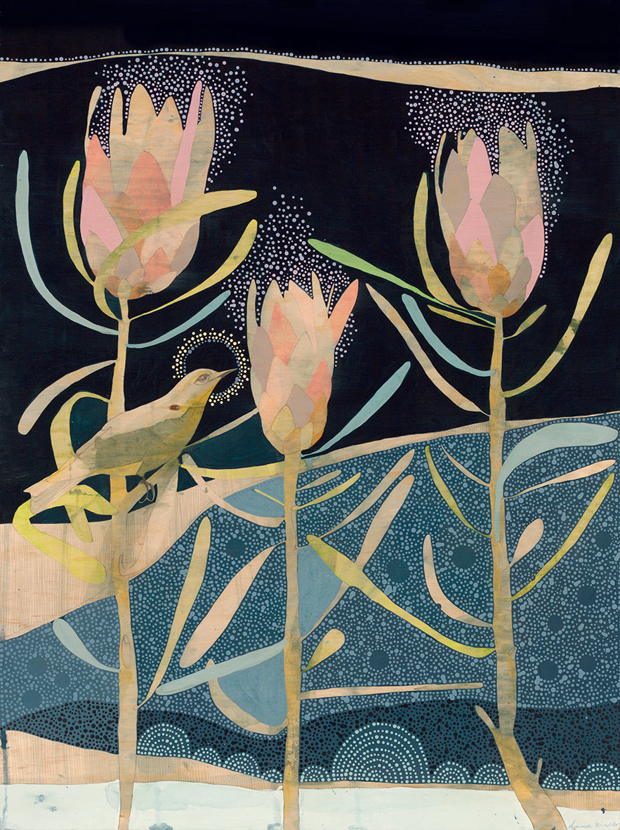 when it is dark enough you can see the stars (i) - grey-backed silvereye and pink ice protea | print