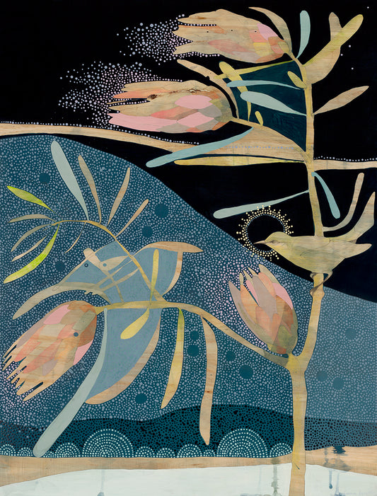 when it is dark enough you can see the stars (iii), pale silvereye and pink ice protea - edition print